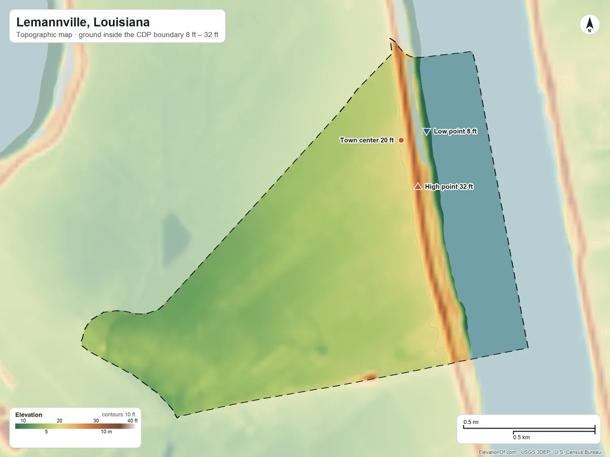 Topographic elevation map of Lemannville, Louisiana, shaded from 8 ft near the middle to 32 ft near the middle
