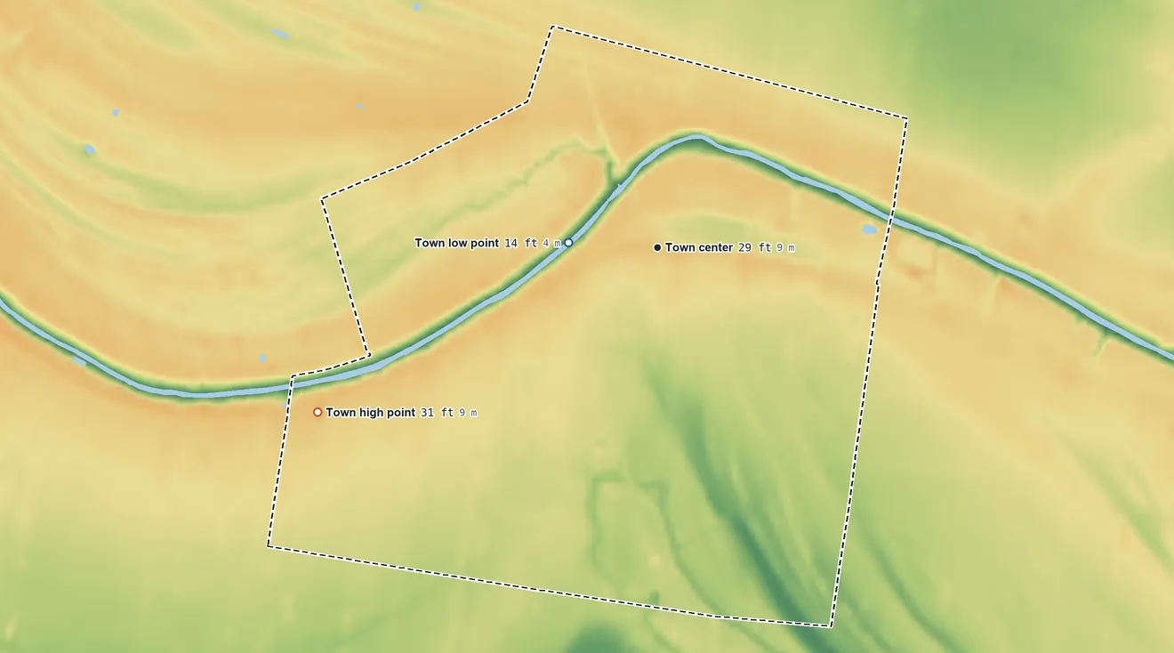 Topographic elevation map of Leonville, Louisiana, shaded from 14 ft on the west side to 31 ft on the southwest side
