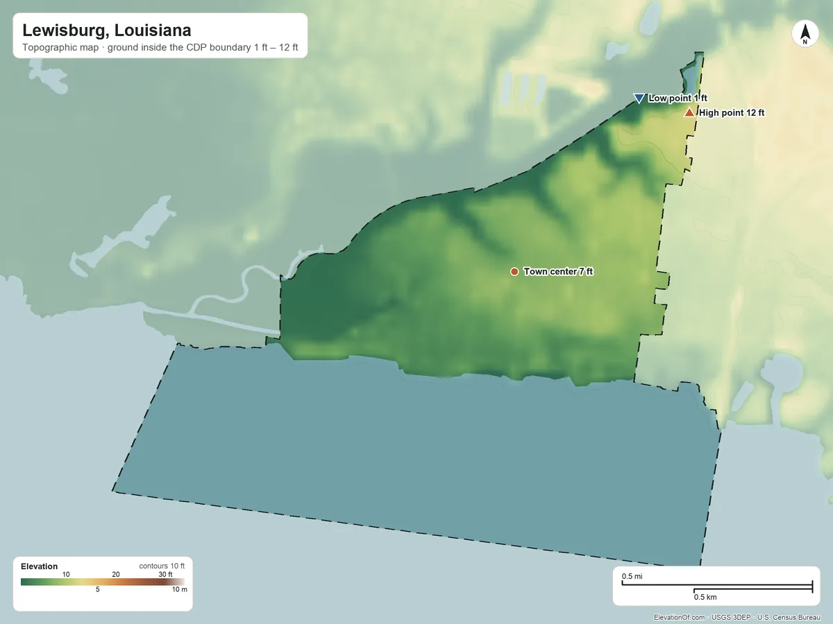 Topographic elevation map of Lewisburg, Louisiana, shaded from 1 ft on the northeast side to 12 ft on the northeast side