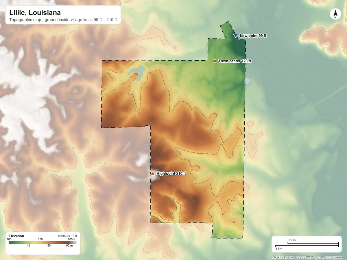 Topographic elevation map of Lillie, Louisiana, shaded from 99 ft on the northeast side to 210 ft on the southwest side