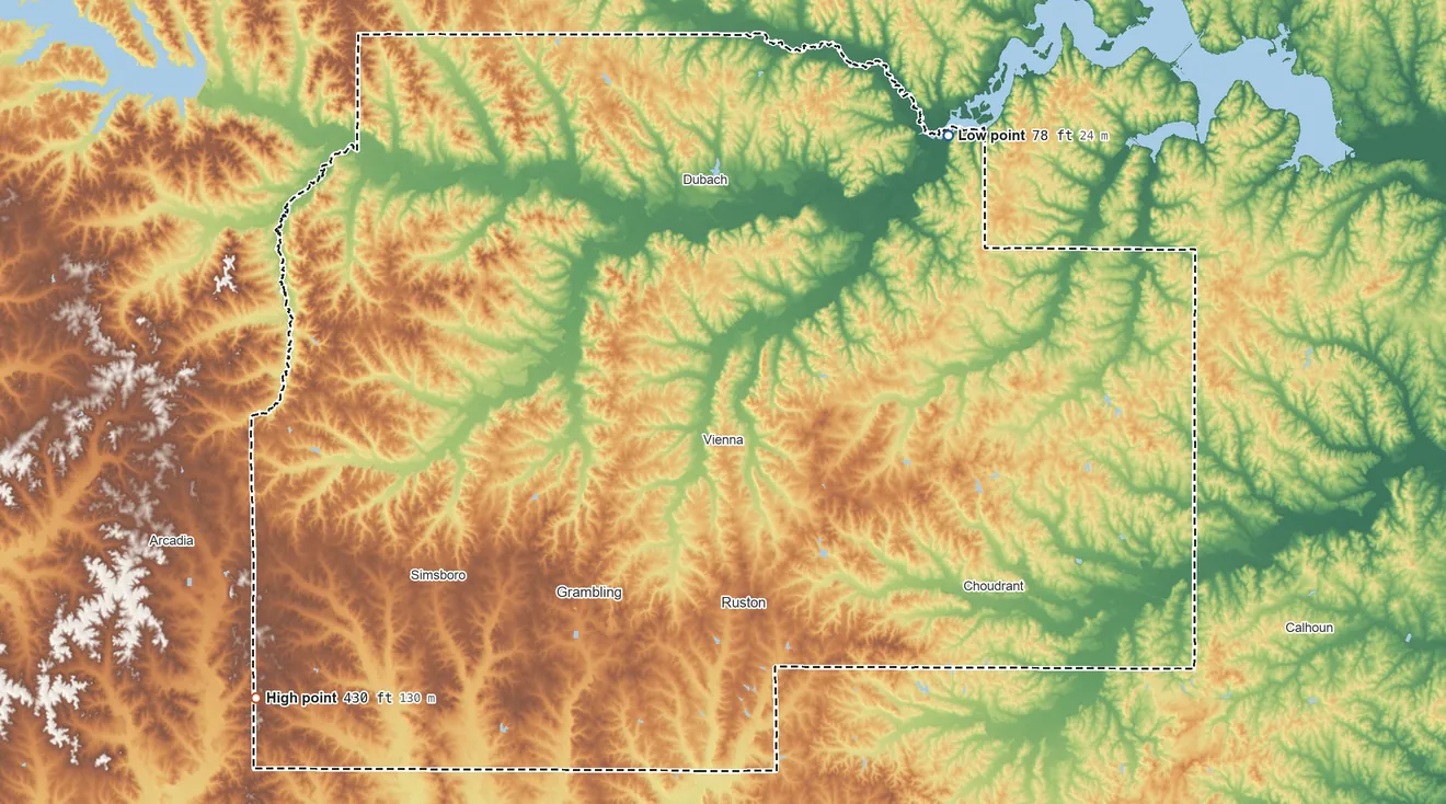 Topographic elevation map of Lincoln Parish, Louisiana, shaded from 78 ft on the northeast side to 430 ft on the southwest side