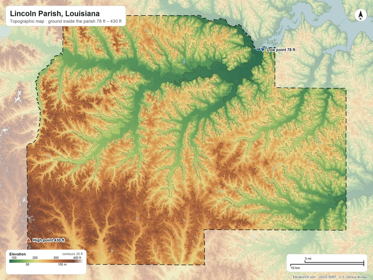Topographic elevation map of Lincoln Parish, Louisiana, shaded from 78 ft on the northeast side to 430 ft on the southwest side
