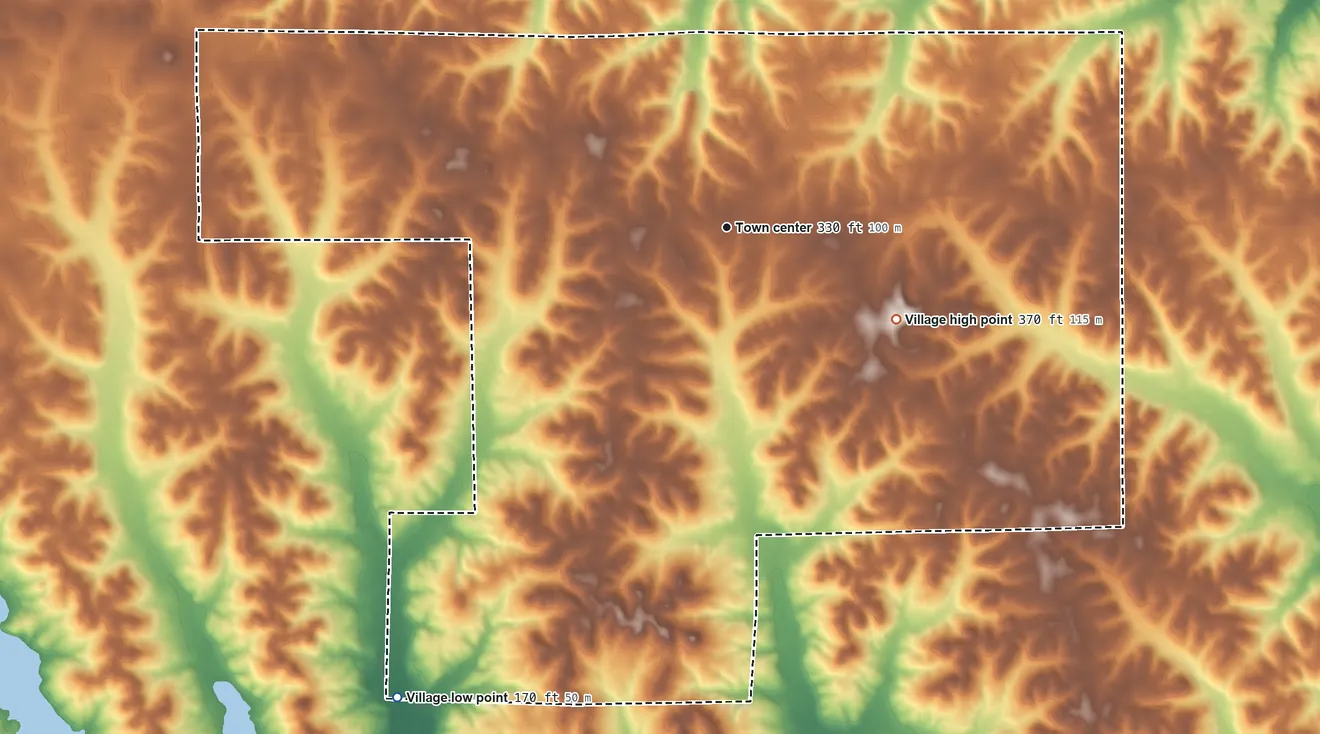 Topographic elevation map of Lisbon, Louisiana, shaded from 170 ft on the southwest side to 370 ft on the southeast side