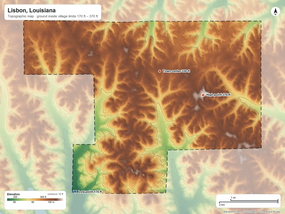 Topographic elevation map of Lisbon, Louisiana, shaded from 170 ft on the southwest side to 370 ft on the southeast side