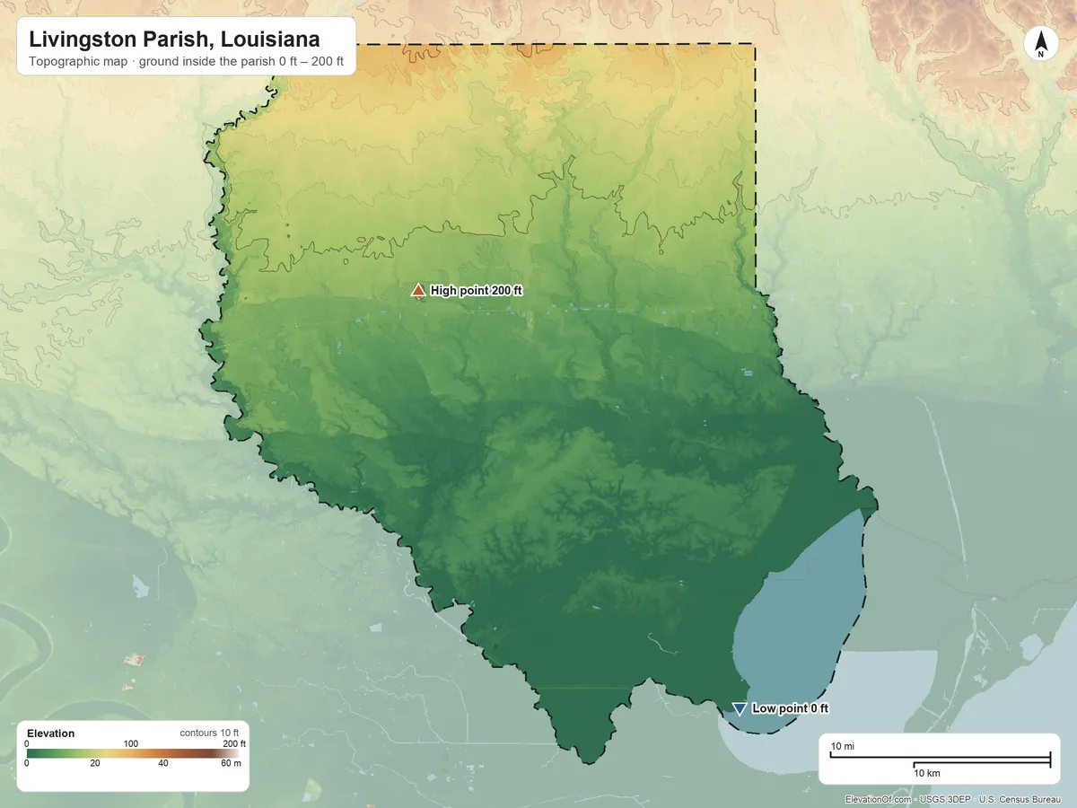 Topographic elevation map of Livingston Parish, Louisiana, shaded from 0 ft on the southeast side to 200 ft on the northwest side