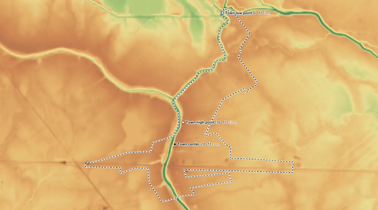 Topographic elevation map of Livonia, Louisiana, shaded from 6 ft on the north side to 36 ft near the middle