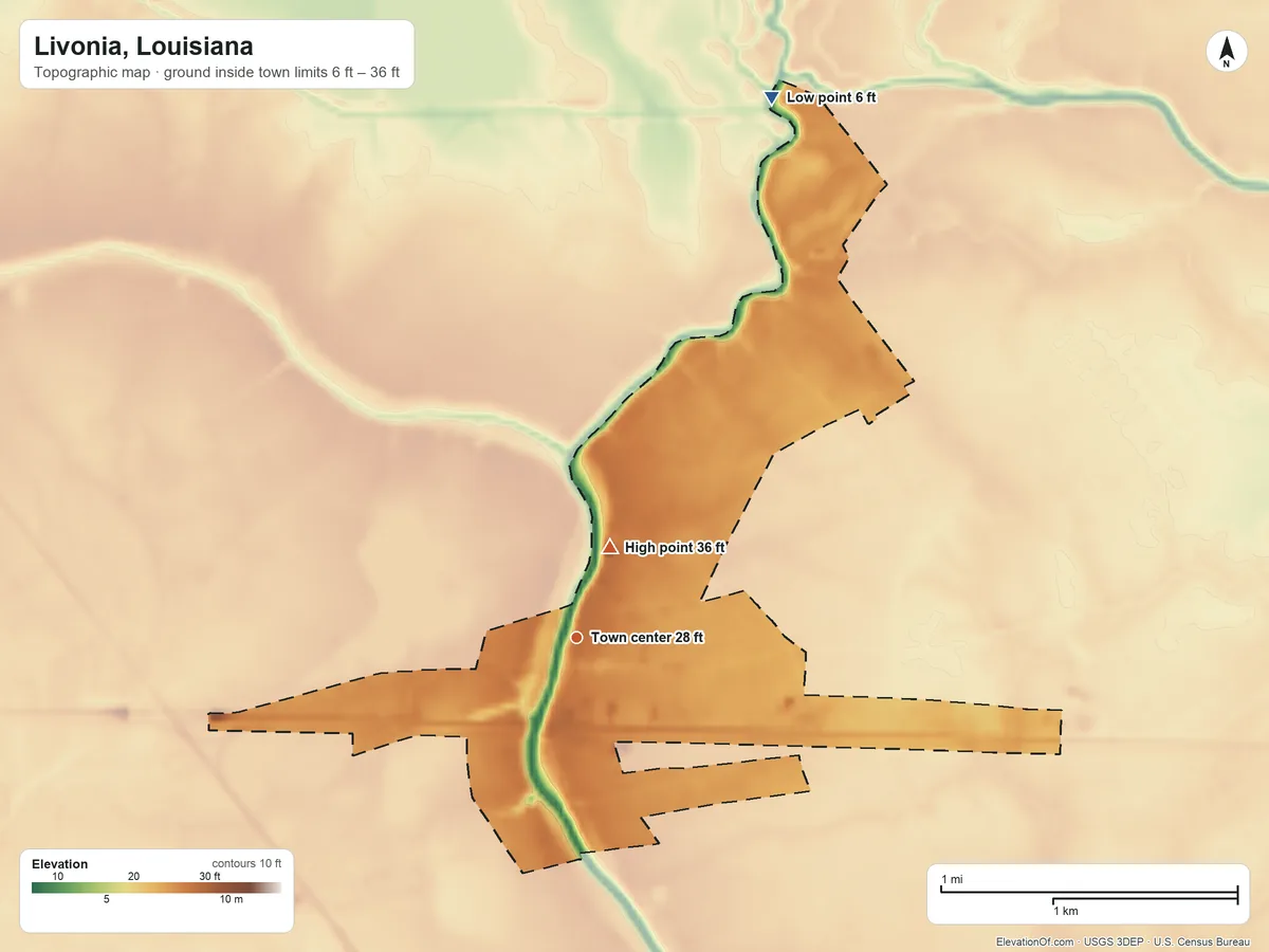 Topographic elevation map of Livonia, Louisiana, shaded from 6 ft on the north side to 36 ft near the middle