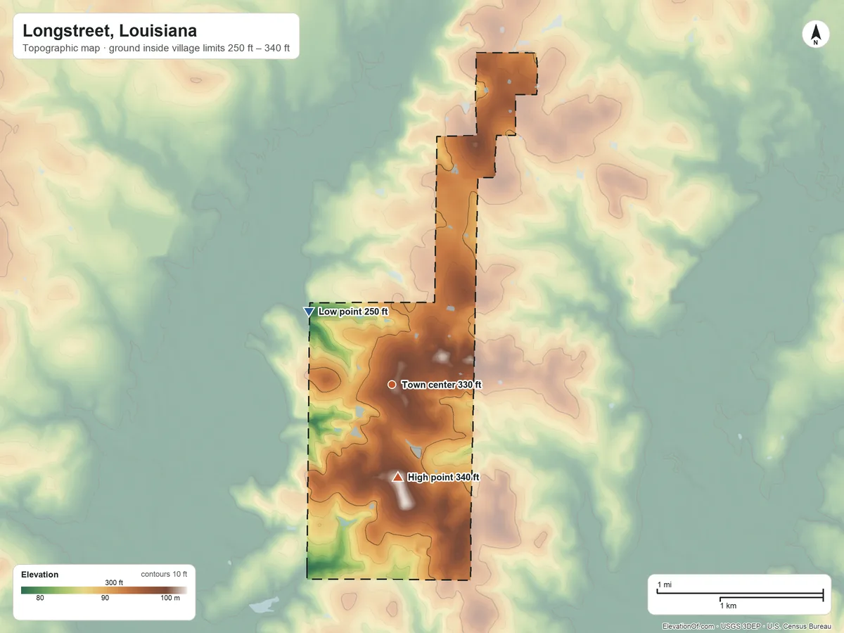 Topographic elevation map of Longstreet, Louisiana, shaded from 250 ft on the northwest side to 340 ft on the south side