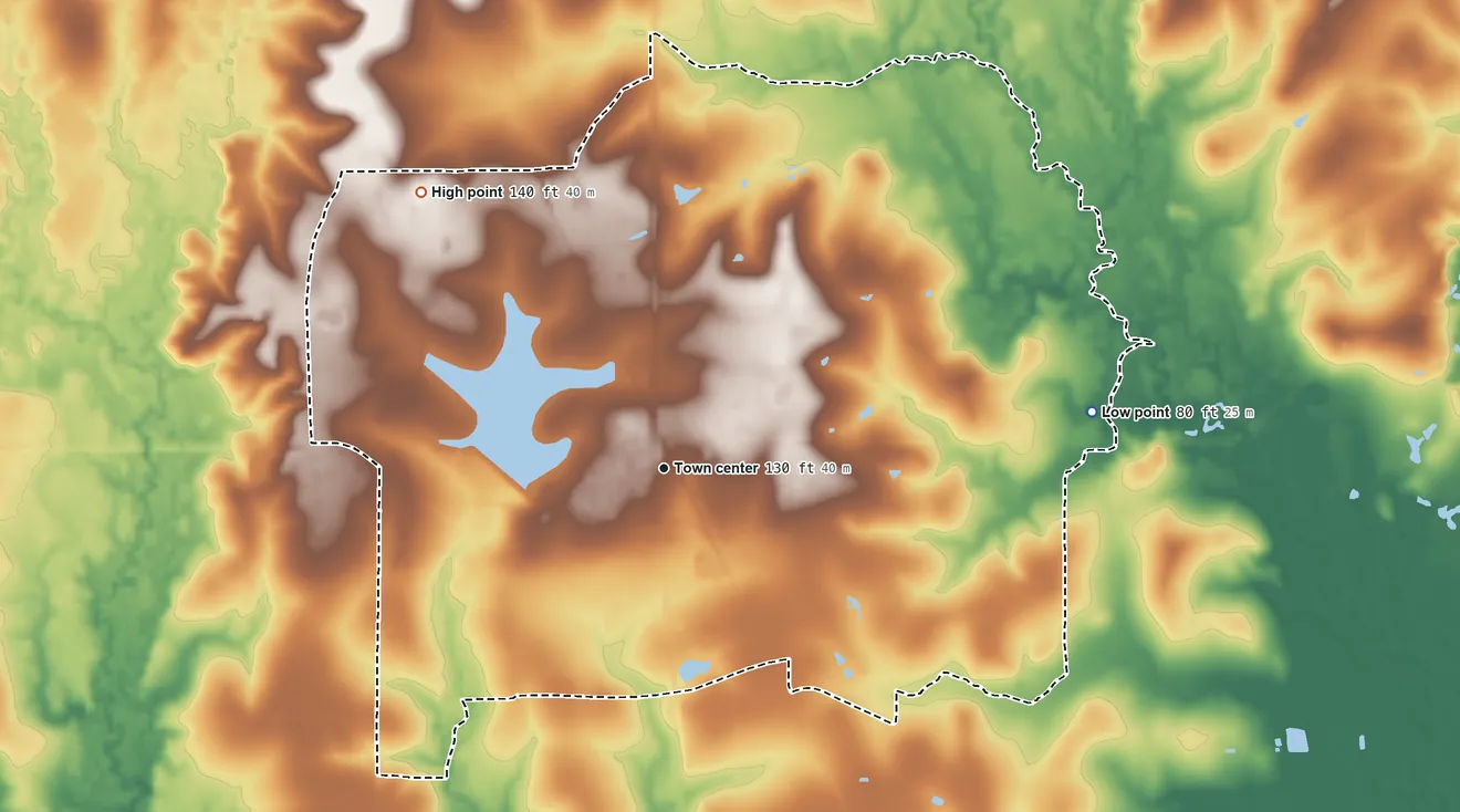 Topographic elevation map of Longville, Louisiana, shaded from 80 ft on the east side to 140 ft on the northwest side