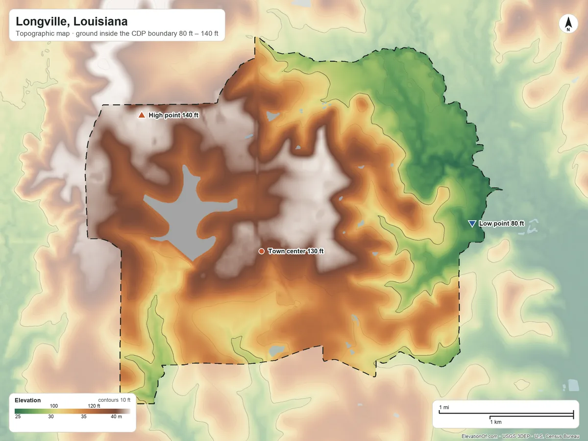 Topographic elevation map of Longville, Louisiana, shaded from 80 ft on the east side to 140 ft on the northwest side