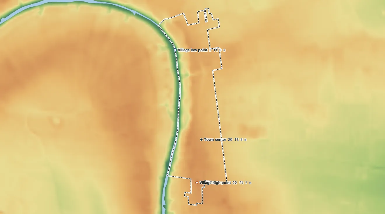 Topographic elevation map of Loreauville, Louisiana, shaded from 2 ft on the north side to 22 ft on the south side
