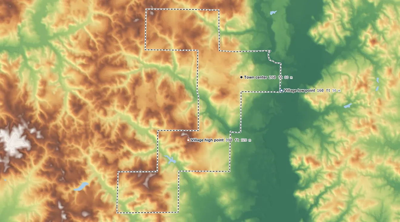 Topographic elevation map of Lucky, Louisiana, shaded from 160 ft on the east side to 390 ft on the southwest side