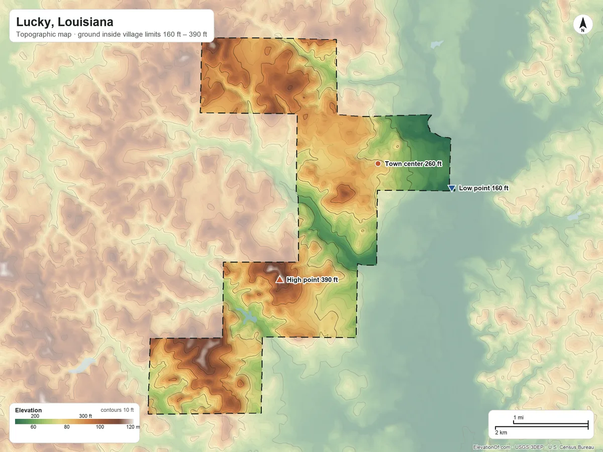 Topographic elevation map of Lucky, Louisiana, shaded from 160 ft on the east side to 390 ft on the southwest side