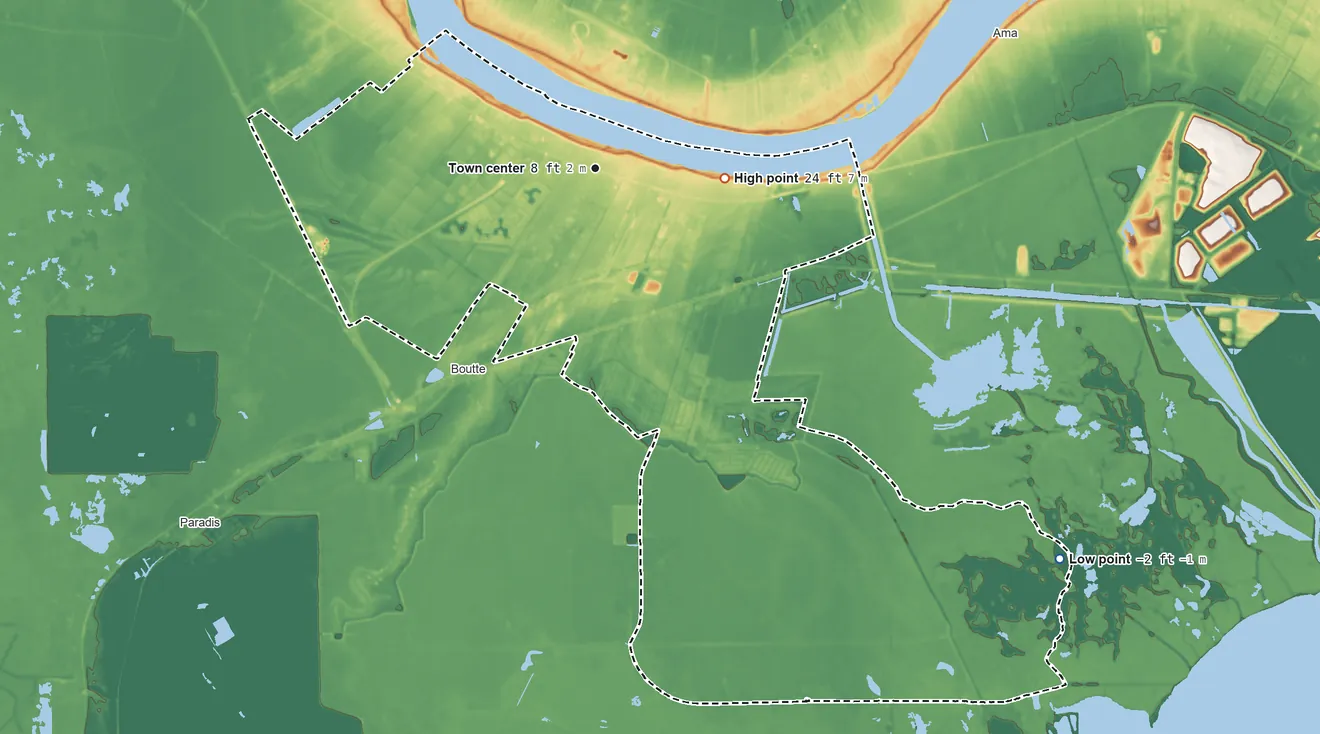 Topographic elevation map of Luling, Louisiana, shaded from −2 ft on the southeast side to 24 ft on the east side
