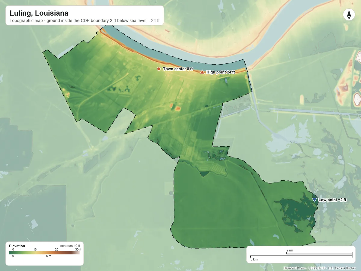 Topographic elevation map of Luling, Louisiana, shaded from −2 ft on the southeast side to 24 ft on the east side