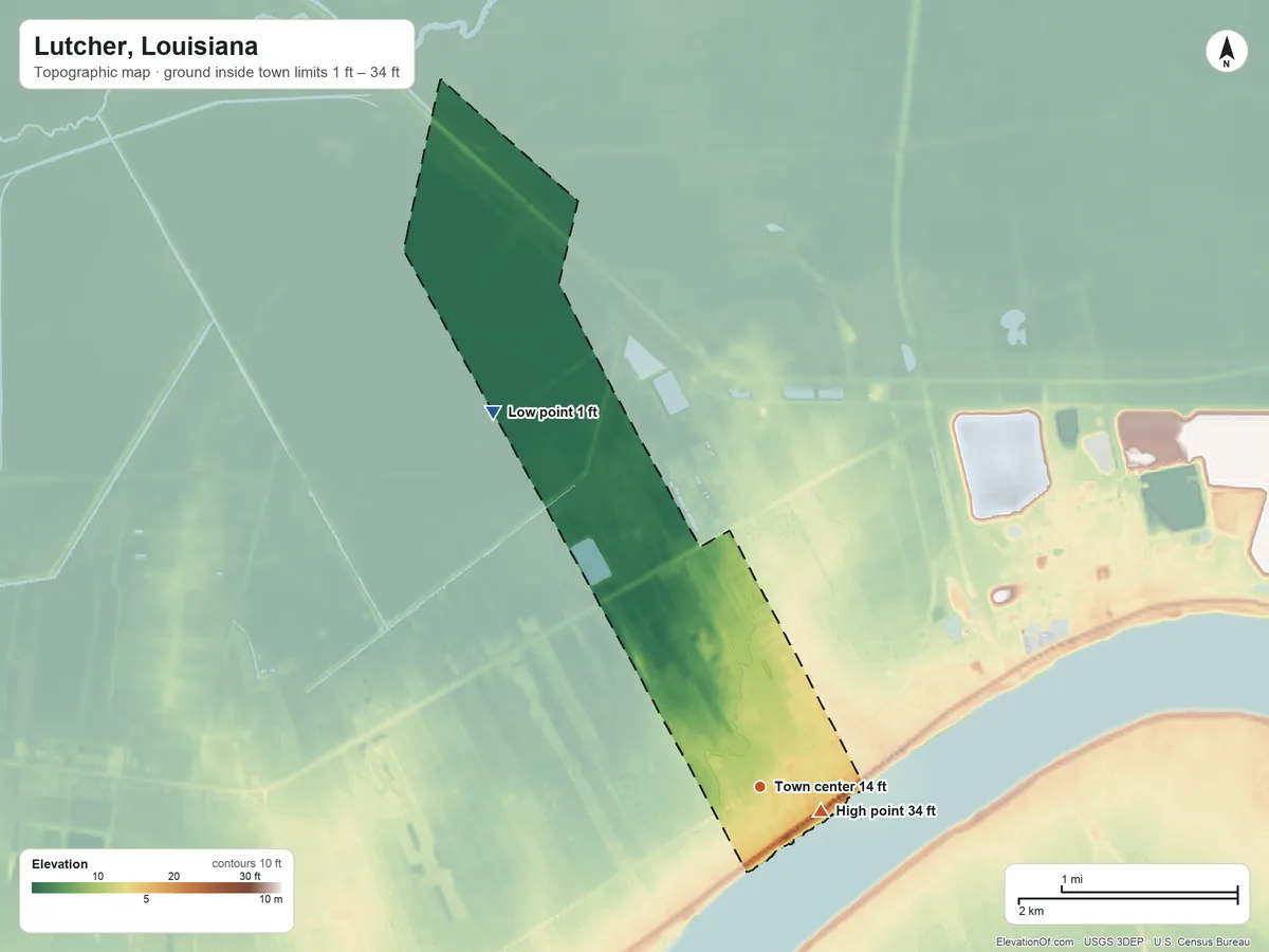 Topographic elevation map of Lutcher, Louisiana, shaded from 1 ft on the northwest side to 34 ft near the middle