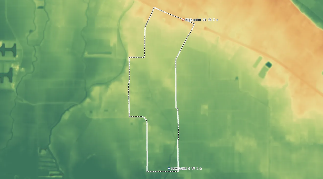 Topographic elevation map of Lydia, Louisiana, shaded from 2 ft on the south side to 21 ft on the north side