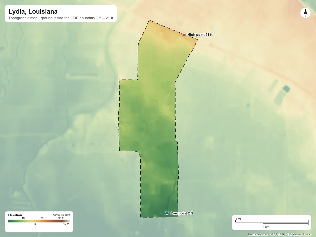 Topographic elevation map of Lydia, Louisiana, shaded from 2 ft on the south side to 21 ft on the north side