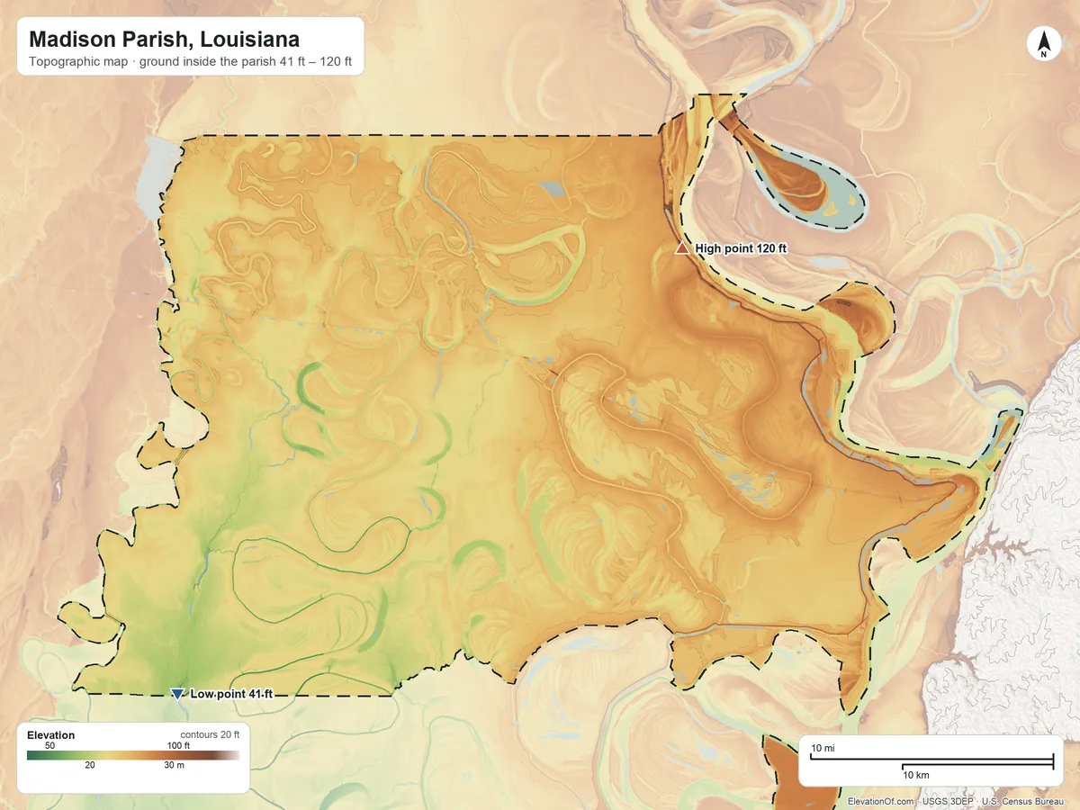 Topographic elevation map of Madison Parish, Louisiana, shaded from 41 ft on the southwest side to 120 ft on the northeast side