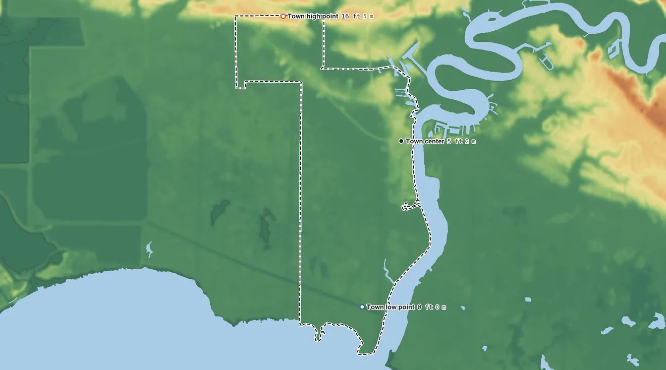 Topographic elevation map of Madisonville, Louisiana, shaded from 0 ft on the south side to 16 ft on the northwest side