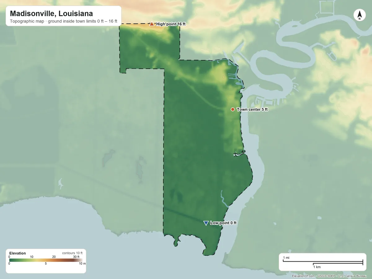 Topographic elevation map of Madisonville, Louisiana, shaded from 0 ft on the south side to 16 ft on the northwest side