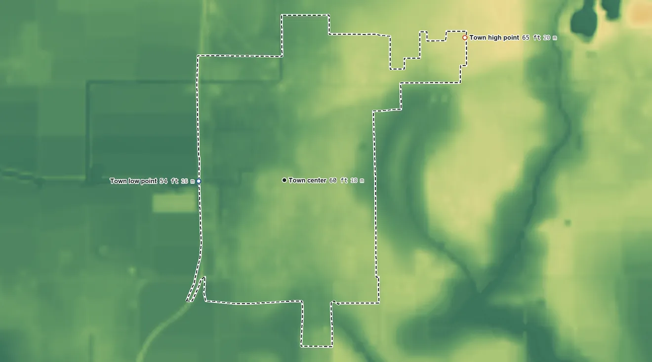 Topographic elevation map of Mamou, Louisiana, shaded from 54 ft on the west side to 65 ft on the northeast side