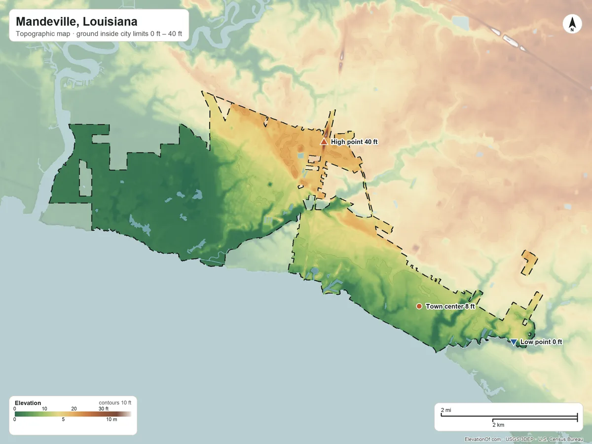 Topographic elevation map of Mandeville, Louisiana, shaded from 0 ft on the east side to 40 ft on the northwest side