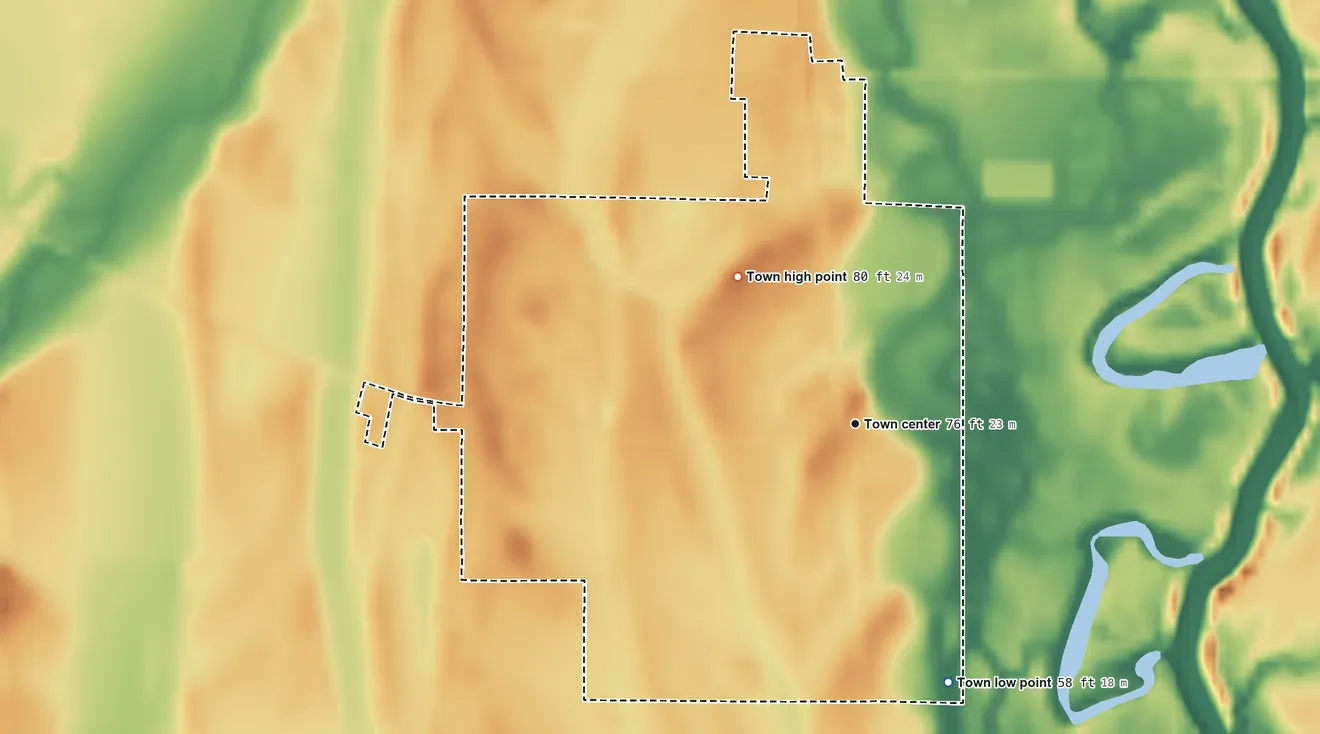 Topographic elevation map of Mangham, Louisiana, shaded from 58 ft on the south side to 80 ft on the northwest side