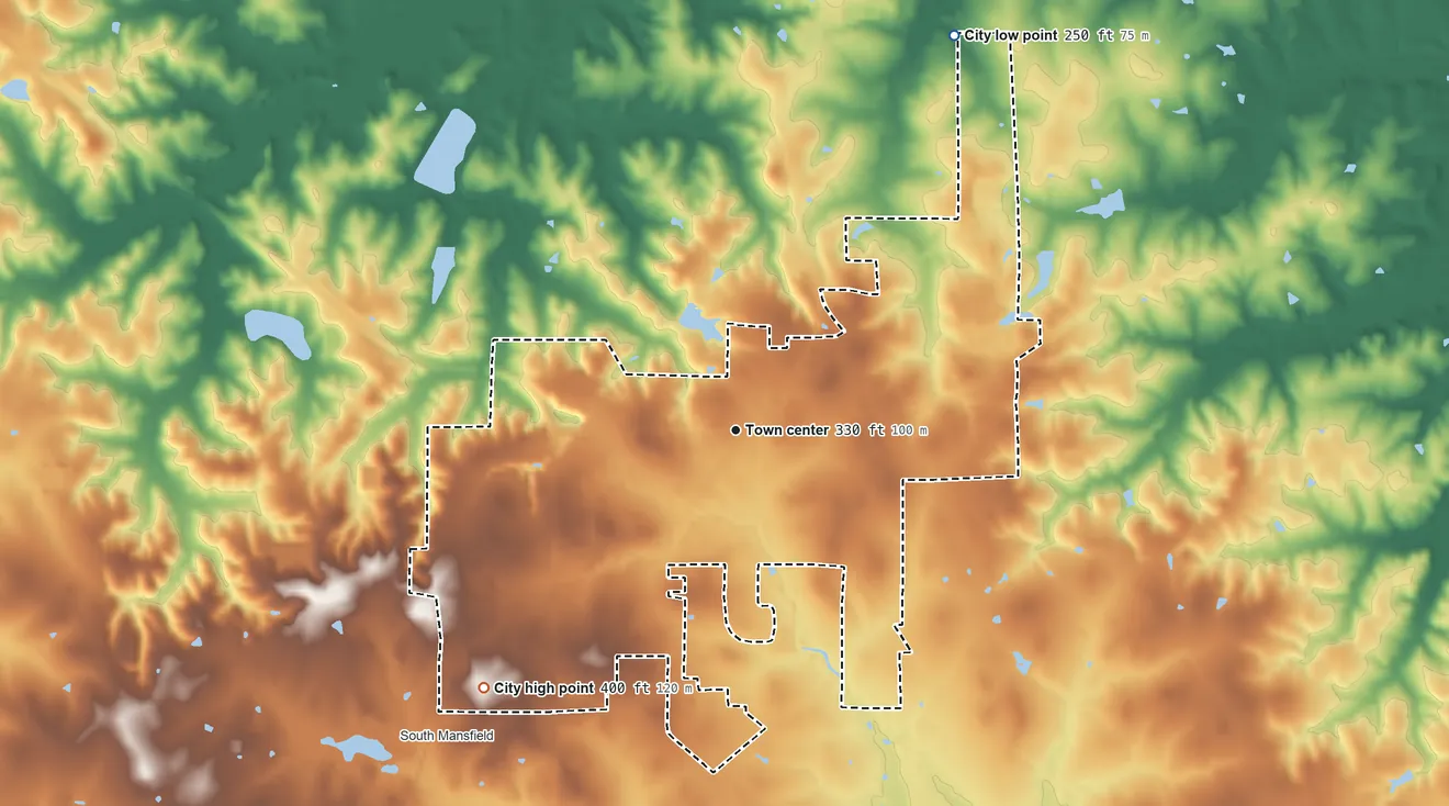 Topographic elevation map of Mansfield, Louisiana, shaded from 250 ft on the northeast side to 400 ft on the southwest side
