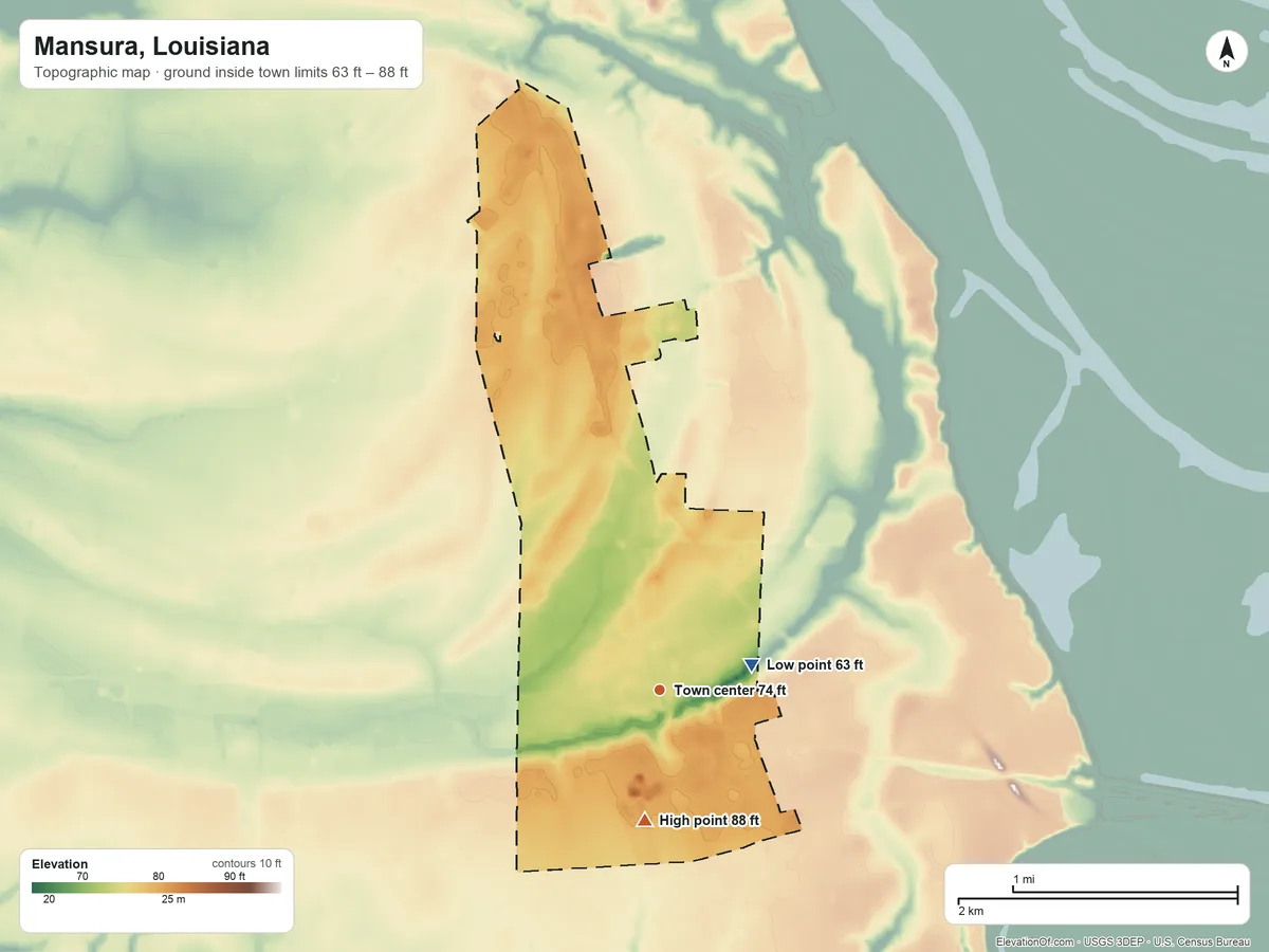 Topographic elevation map of Mansura, Louisiana, shaded from 63 ft on the east side to 88 ft on the south side