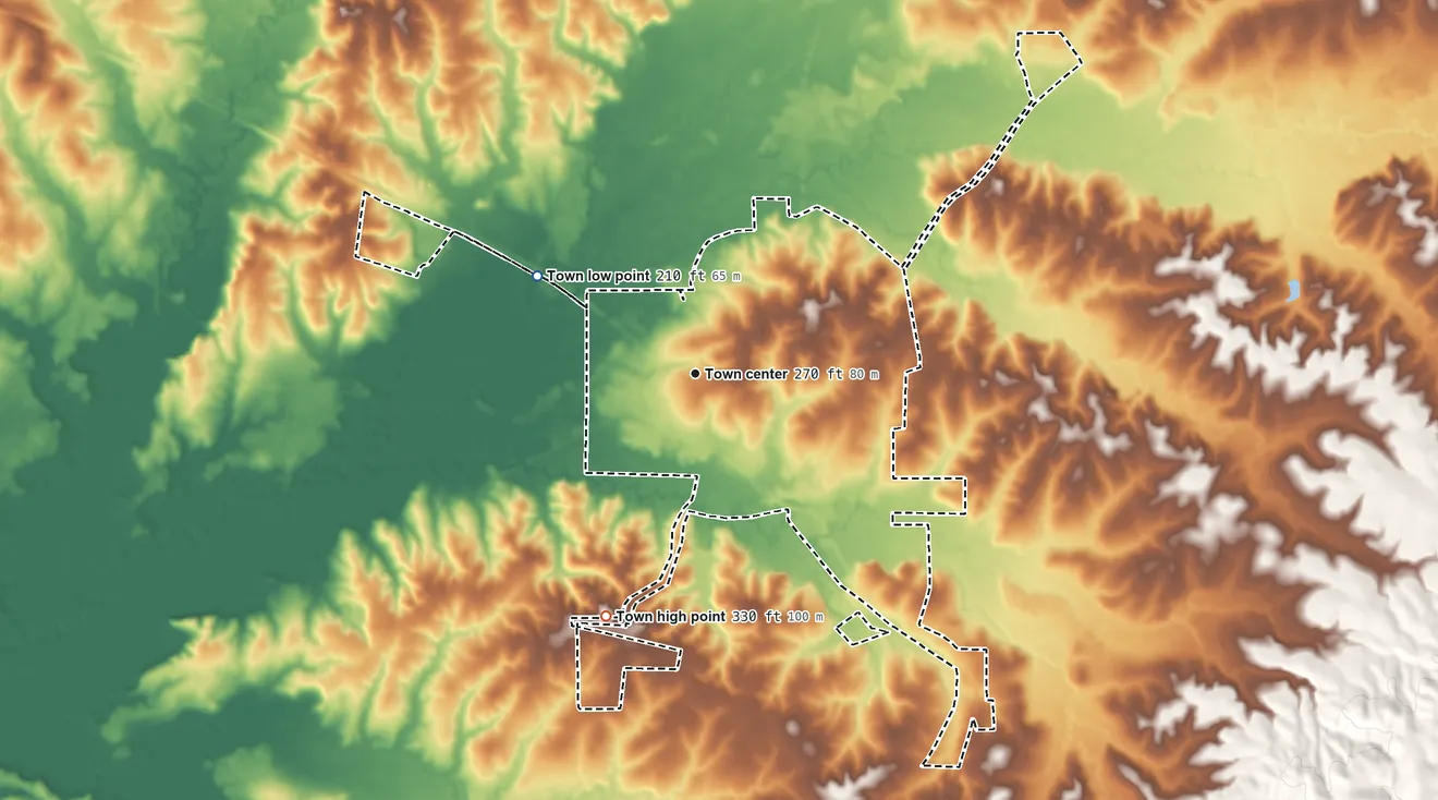 Topographic elevation map of Many, Louisiana, shaded from 210 ft on the northwest side to 330 ft on the south side