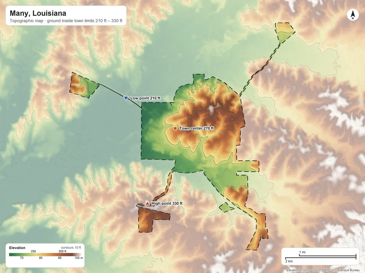 Topographic elevation map of Many, Louisiana, shaded from 210 ft on the northwest side to 330 ft on the south side