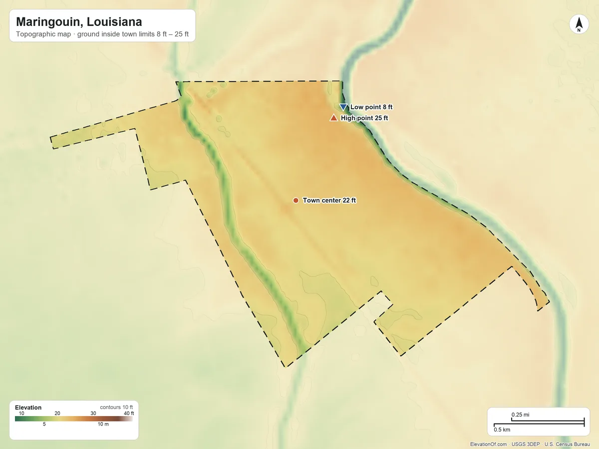 Topographic elevation map of Maringouin, Louisiana, shaded from 8 ft on the northeast side to 25 ft on the northeast side