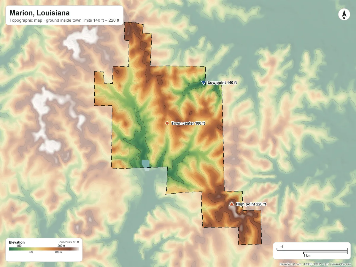 Topographic elevation map of Marion, Louisiana, shaded from 140 ft on the northeast side to 220 ft on the southeast side