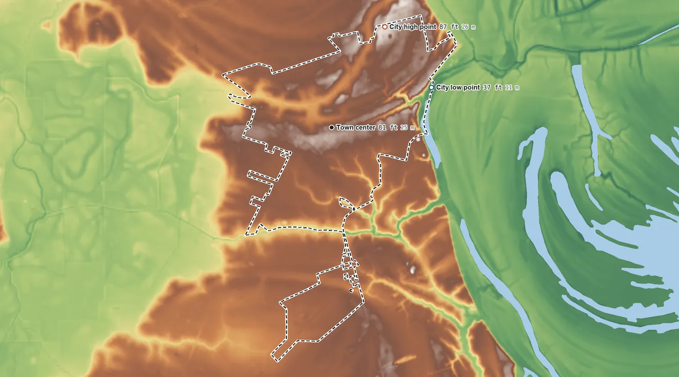 Topographic elevation map of Marksville, Louisiana, shaded from 37 ft on the east side to 87 ft on the northeast side