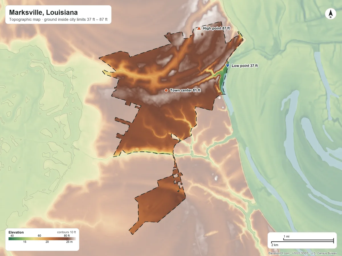 Topographic elevation map of Marksville, Louisiana, shaded from 37 ft on the east side to 87 ft on the northeast side