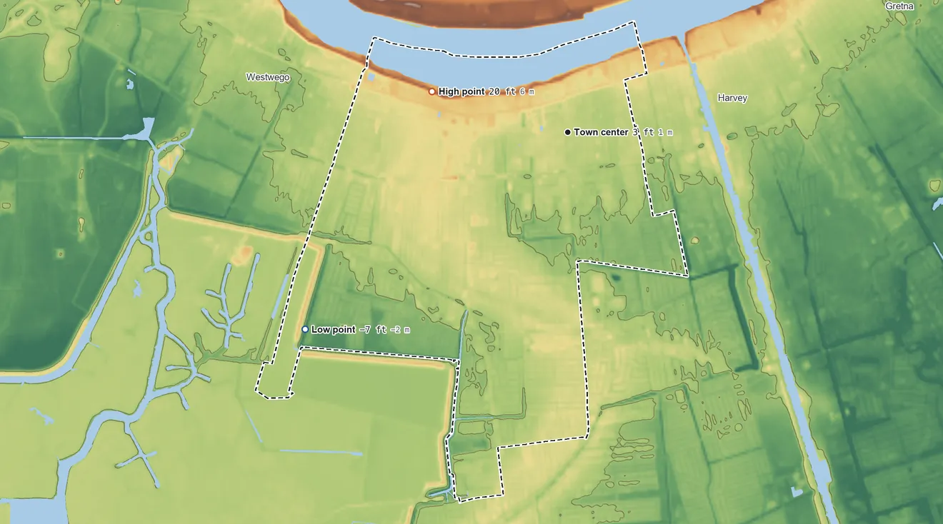Topographic elevation map of Marrero, Louisiana, shaded from −7 ft on the southwest side to 20 ft on the west side