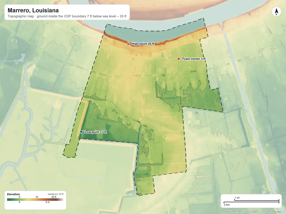 Topographic elevation map of Marrero, Louisiana, shaded from −7 ft on the southwest side to 20 ft on the west side
