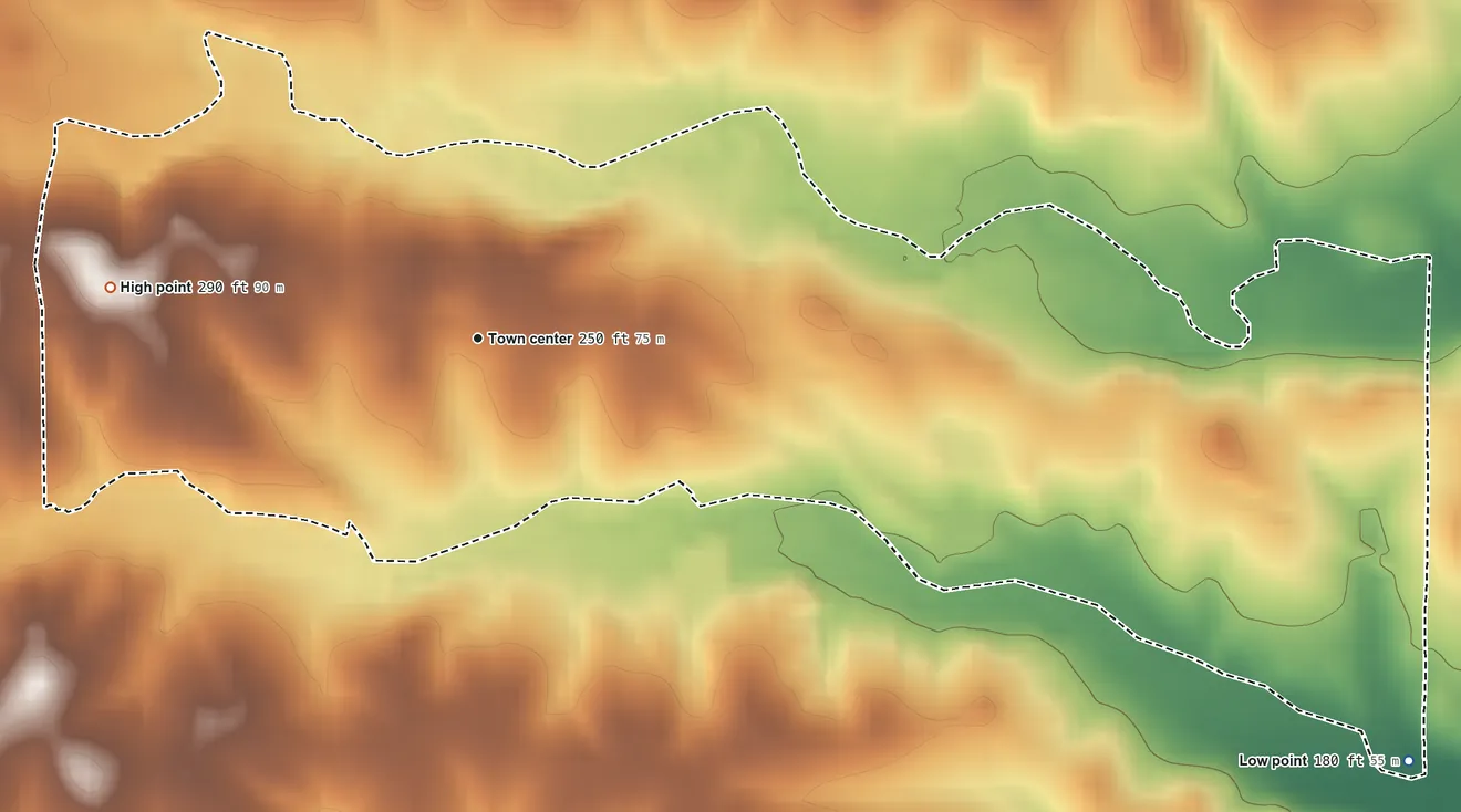Topographic elevation map of Marthaville, Louisiana, shaded from 180 ft on the southeast side to 290 ft on the west side