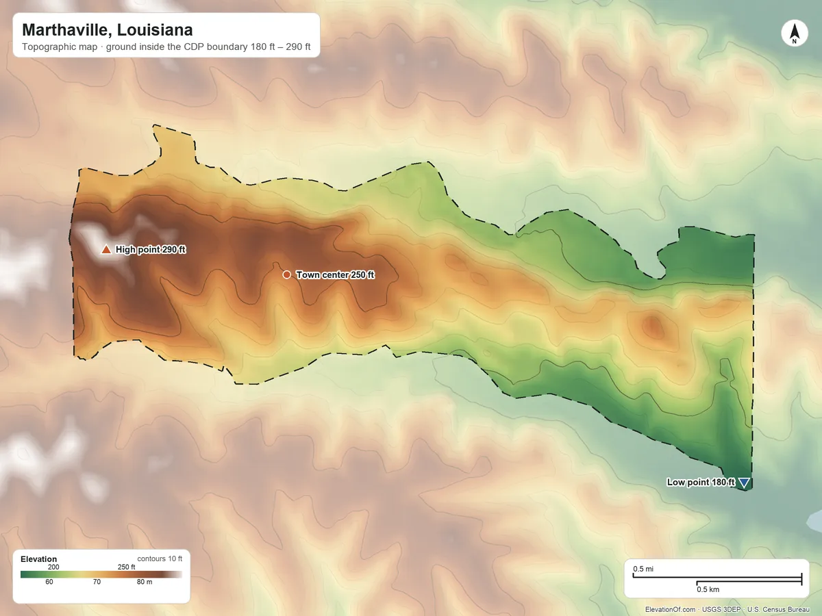 Topographic elevation map of Marthaville, Louisiana, shaded from 180 ft on the southeast side to 290 ft on the west side