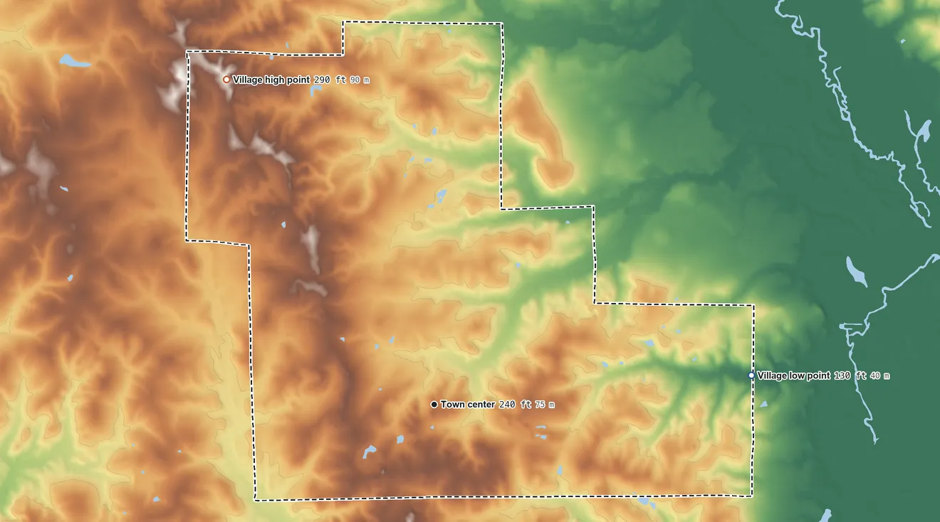 Topographic elevation map of Martin, Louisiana, shaded from 130 ft on the east side to 290 ft on the northwest side
