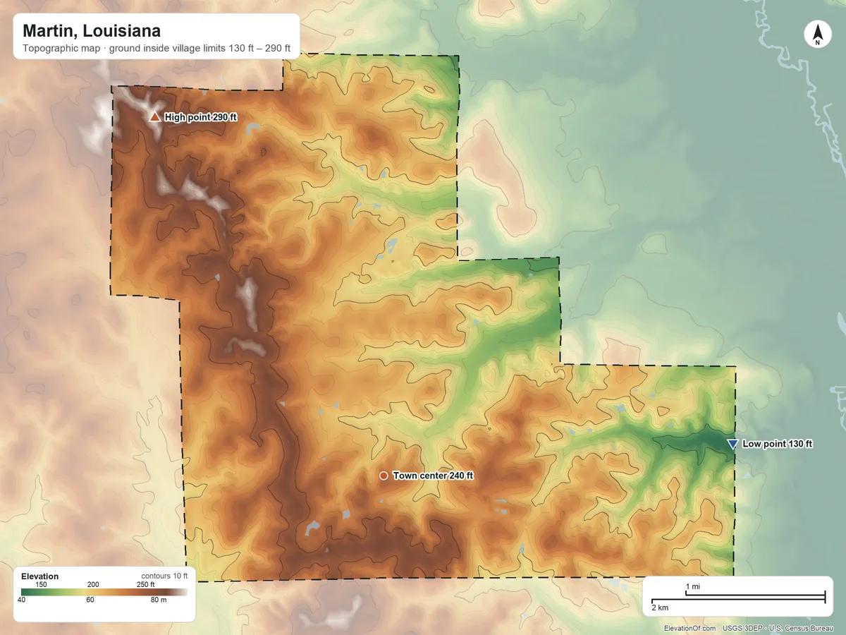 Topographic elevation map of Martin, Louisiana, shaded from 130 ft on the east side to 290 ft on the northwest side