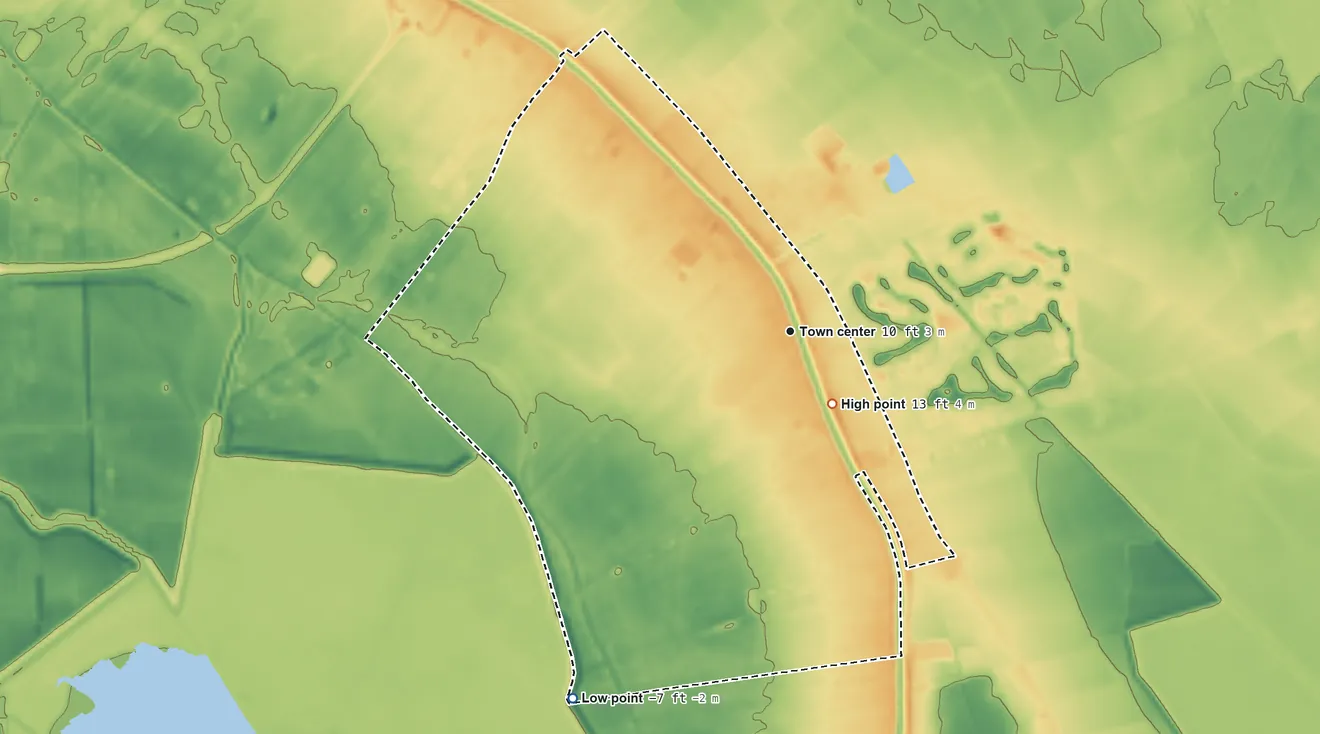 Topographic elevation map of Mathews, Louisiana, shaded from −7 ft on the southwest side to 13 ft near the middle