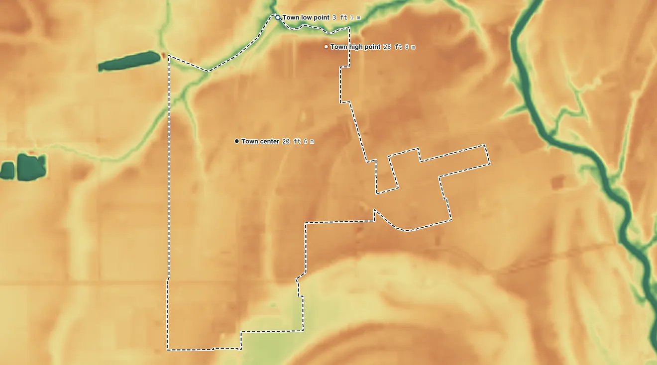 Topographic elevation map of Maurice, Louisiana, shaded from 3 ft on the north side to 25 ft on the northeast side