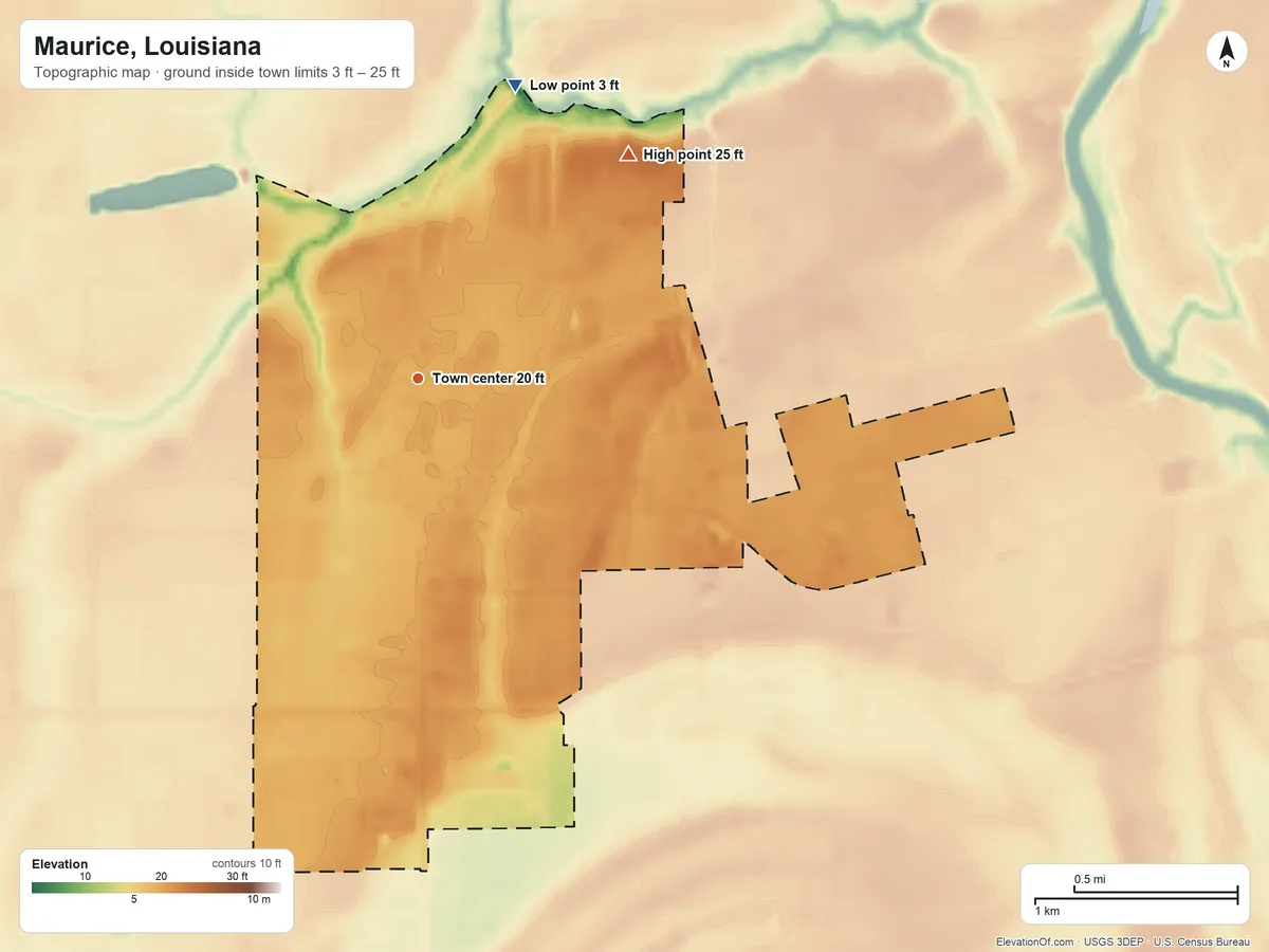 Topographic elevation map of Maurice, Louisiana, shaded from 3 ft on the north side to 25 ft on the northeast side