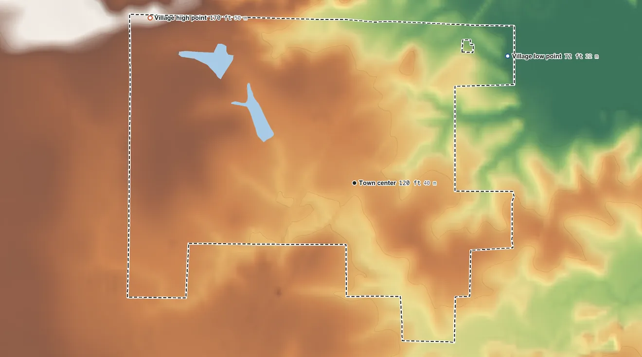 Topographic elevation map of McNary, Louisiana, shaded from 72 ft on the northeast side to 170 ft on the northwest side