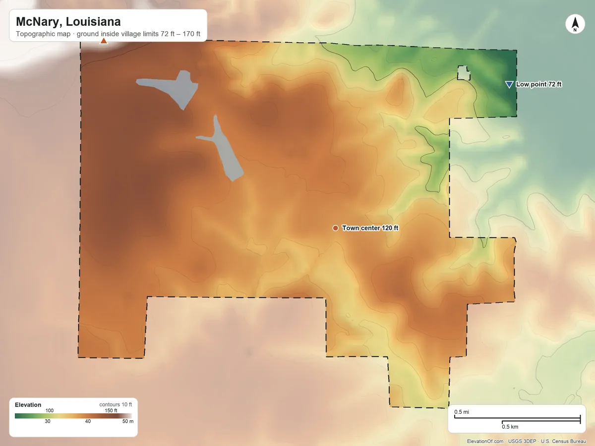 Topographic elevation map of McNary, Louisiana, shaded from 72 ft on the northeast side to 170 ft on the northwest side