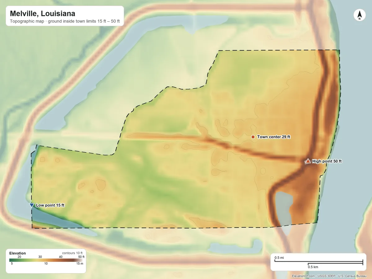 Topographic elevation map of Melville, Louisiana, shaded from 15 ft on the west side to 50 ft on the southeast side