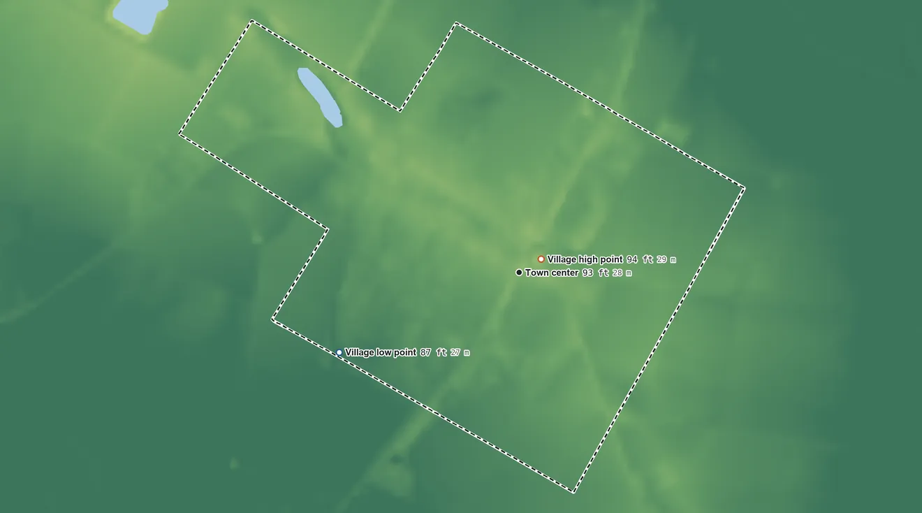 Topographic elevation map of Mer Rouge, Louisiana, shaded from 87 ft on the southwest side to 94 ft near the middle