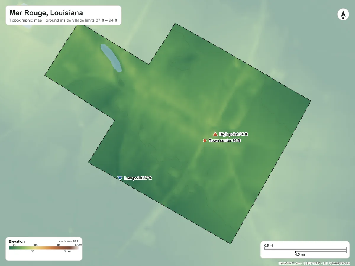 Topographic elevation map of Mer Rouge, Louisiana, shaded from 87 ft on the southwest side to 94 ft near the middle